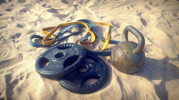 My tour training equipment, sans the smallest resistance power band...